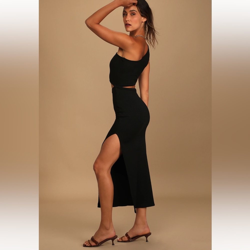 Spice Things Up Black Ribbed One-Shoulder Cutout Midi Dress Sz: XS - Picture 5 of 11